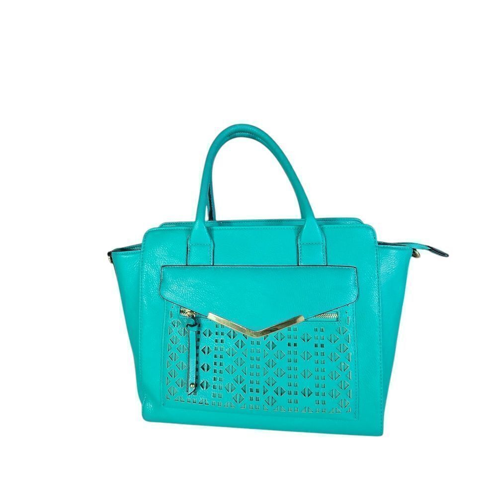 Vibrant Turquoise Satchel with Silver Hardware and Geometric Crossbody Purse